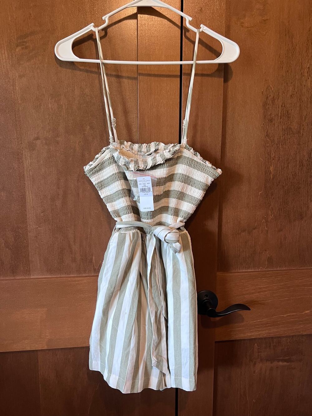 American Eagle Outfitters olive green and white striped smocked romper, 45$ NWT